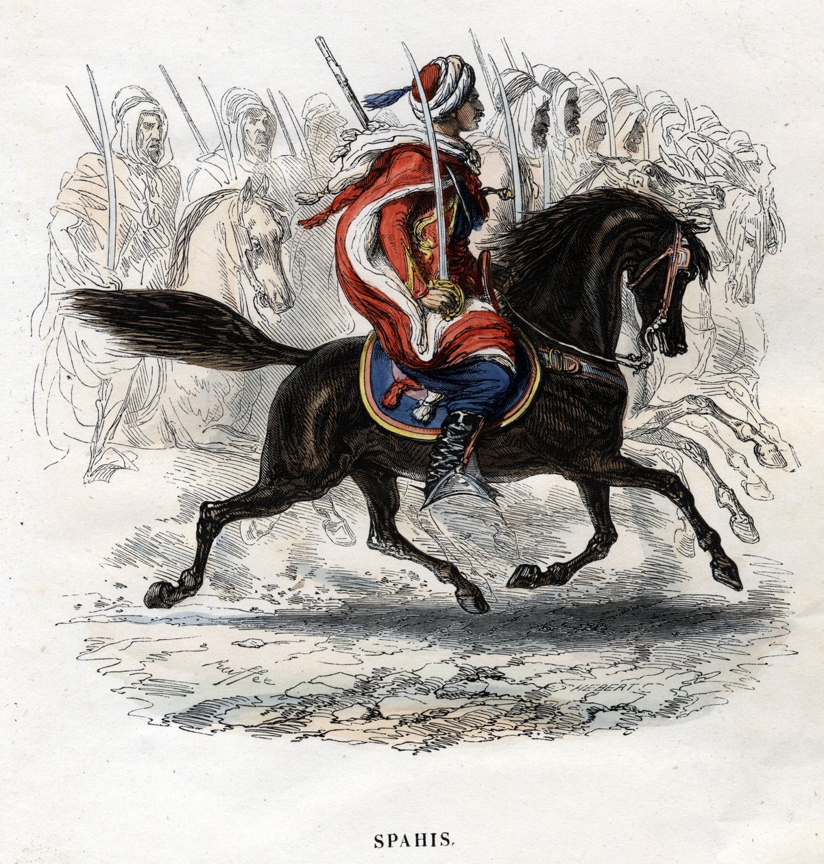 Reitende Spahis. Gravur von 1844. von Unknown artist