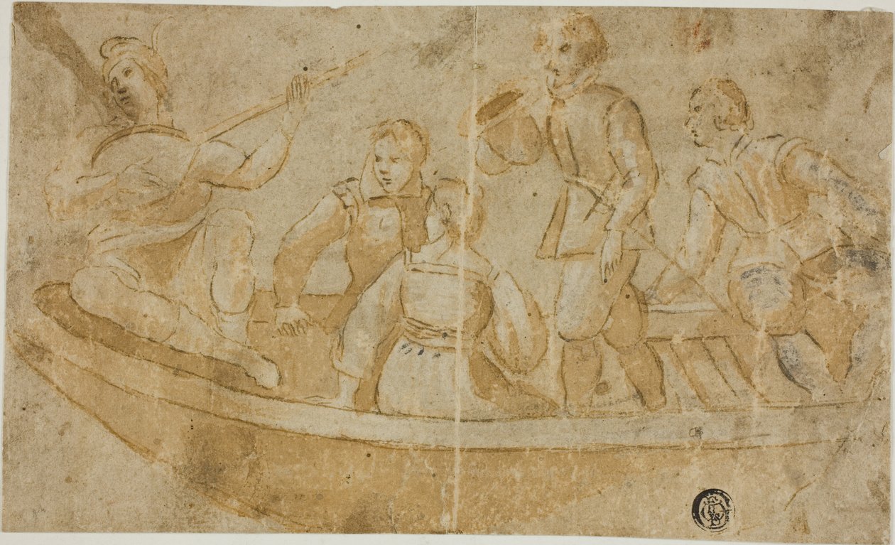 Drei Männer, Frau und Lautenspieler im Boot von Unknown Italian