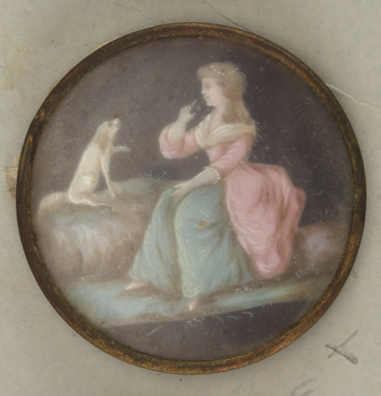 Knopf mit gemalter Dame und Hund von Unknown artist