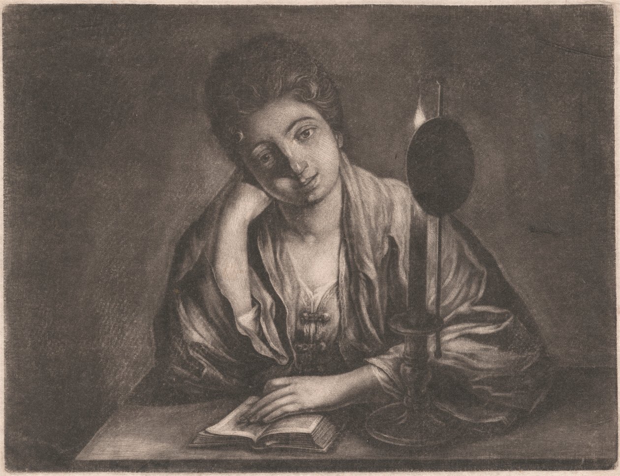 Mädchen liest bei Kerzenlicht von Unknown artist