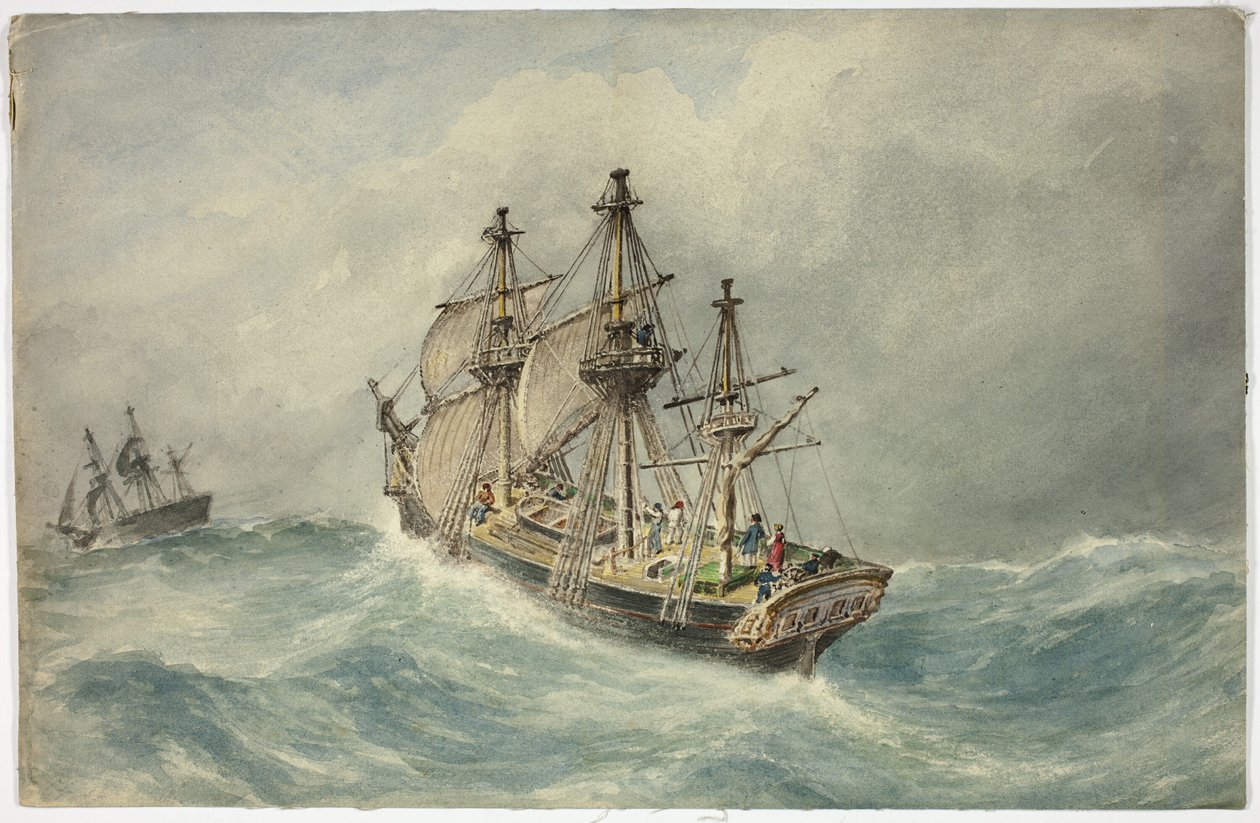 Zwei Dreimastschiffe auf stürmischer See von Unknown artist