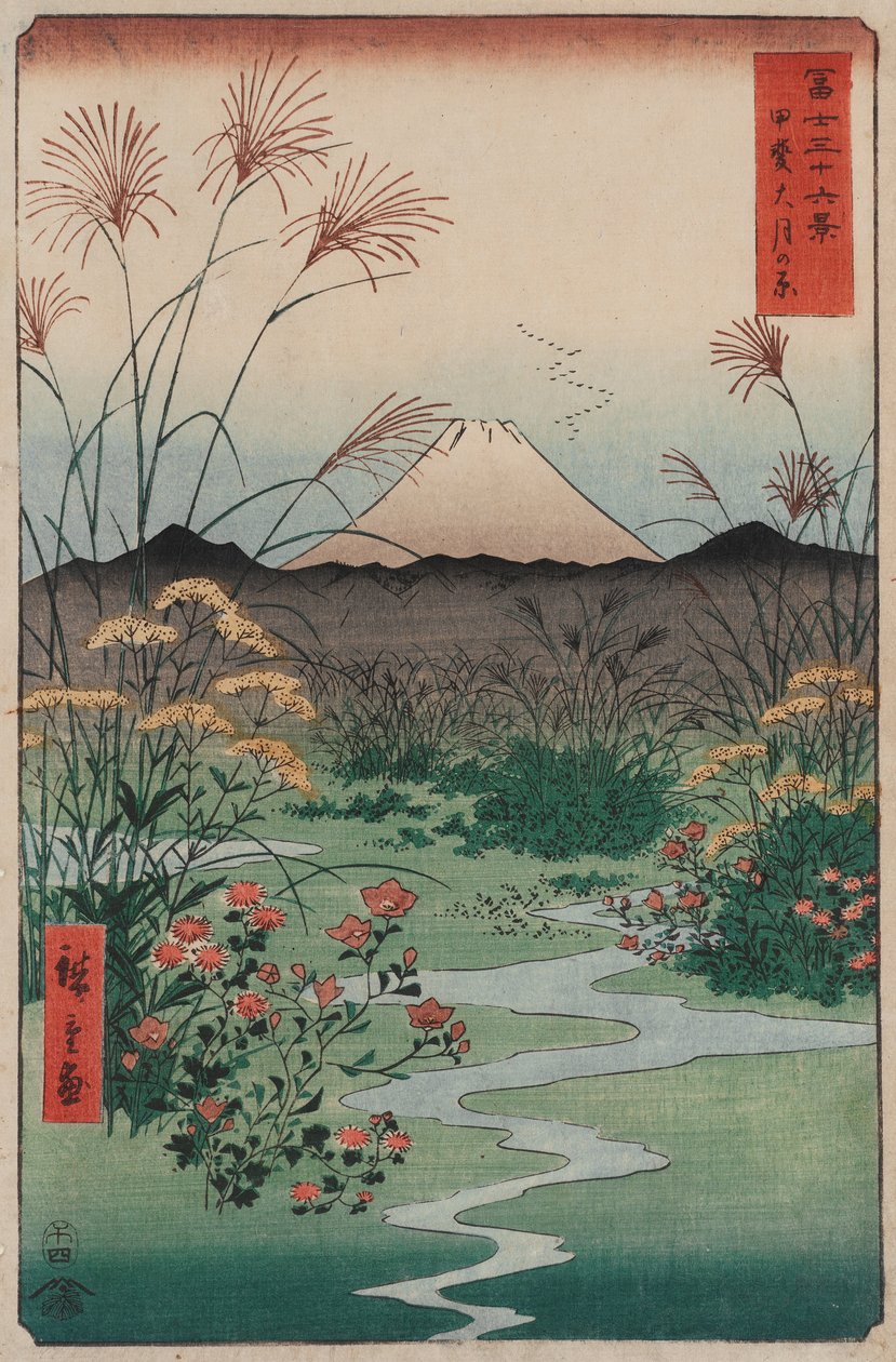 Tsuki-Ebene in der Provinz Kai (Kai tsuki no hara), aus der Serie Sechsunddreißig Ansichten des Berges Fuji von Utagawa Hiroshige