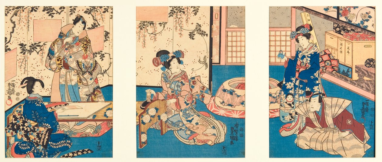 Tinte mahlen, um einen Antwortbrief zu schreiben, inspiriert vom Inaka Genji, 1851 (Holzschnitt) von Utagawa Kunisada