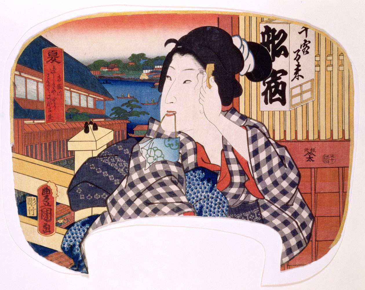 Sommer, der Fluss bei Ryoguku; Eine Geisha kämmt ihr Haar, Entwurf für einen Fächer aus einem Satz von vier, die die Jahreszeiten darstellen, 1858 von Utagawa Kunisada