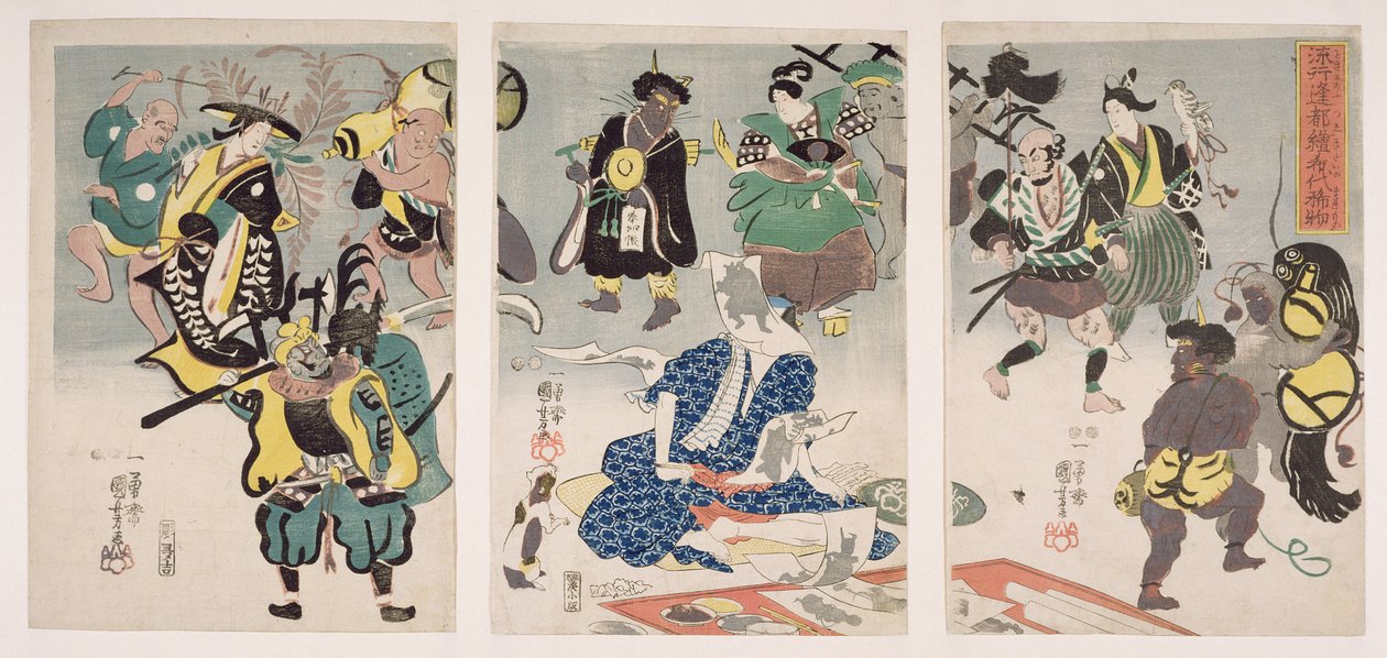 Otsu-e Gemälde werden lebendig Triptychon, ca. 1847-52 von Utagawa Kuniyoshi