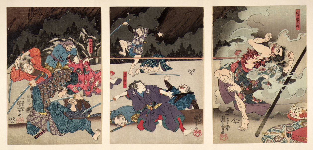 Der Tod von Yamanaka Dankuro, Triptychon von Utagawa Kuniyoshi