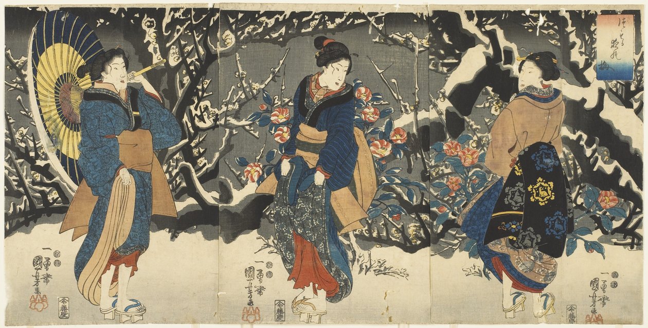 Pflaumenblüten im Abendschnee, 1847-1852 von Utagawa Kuniyoshi