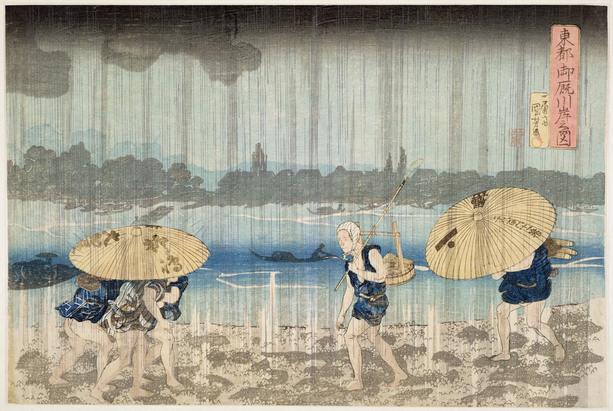 Regenschauer am Ufer des Sumida-Flusses am Ommaya-Damm in Edo, ca. 1834 (Holzschnitt) von Utagawa Kuniyoshi
