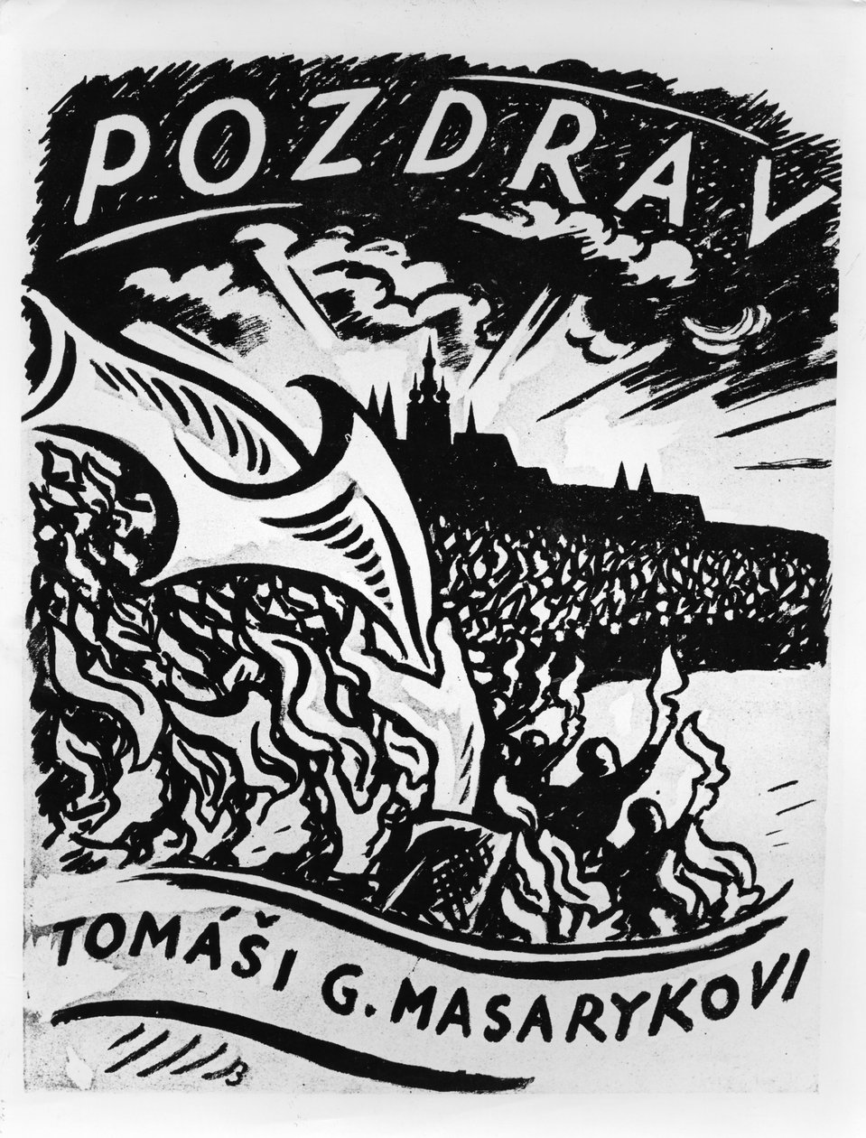 Grüße, Tomas Masaryk, Illustration des Einzugs von Masaryk in Prag am 8. Dezember 1918 von V.H. Brunner