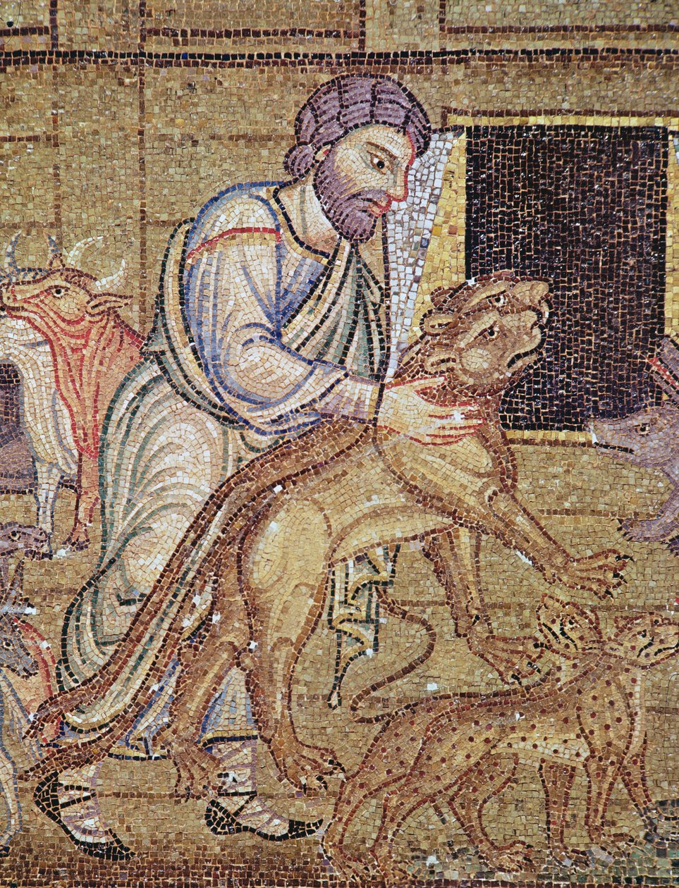 Die Sintflut, aus dem Atrium, Detail von Noah, der wilde Tiere auf die Arche bringt (Mosaik) (Detail) von Byzantine School