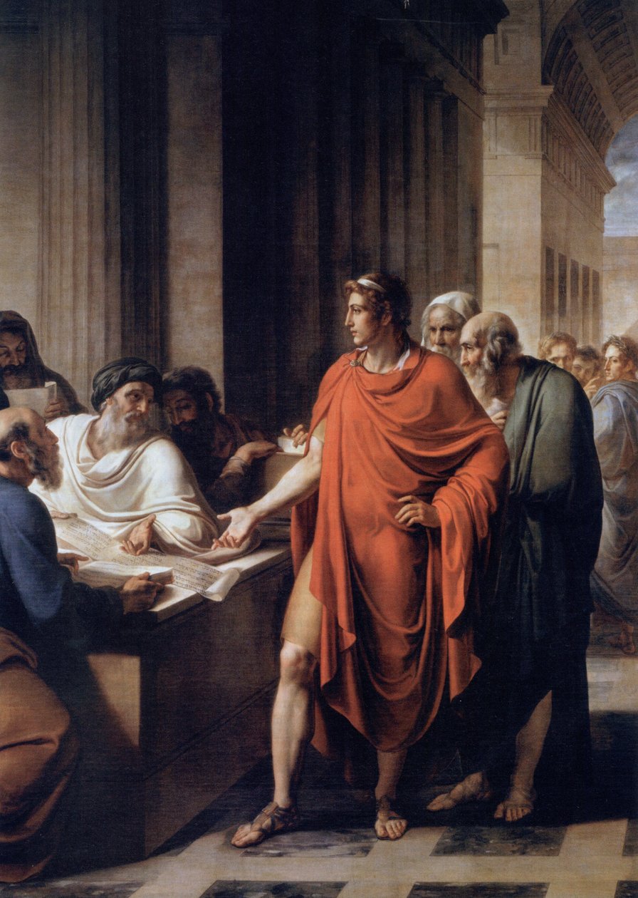 Ptolemaios II. Philadelphos untersucht eine Papyrusrolle von Vincenzo Camuccini