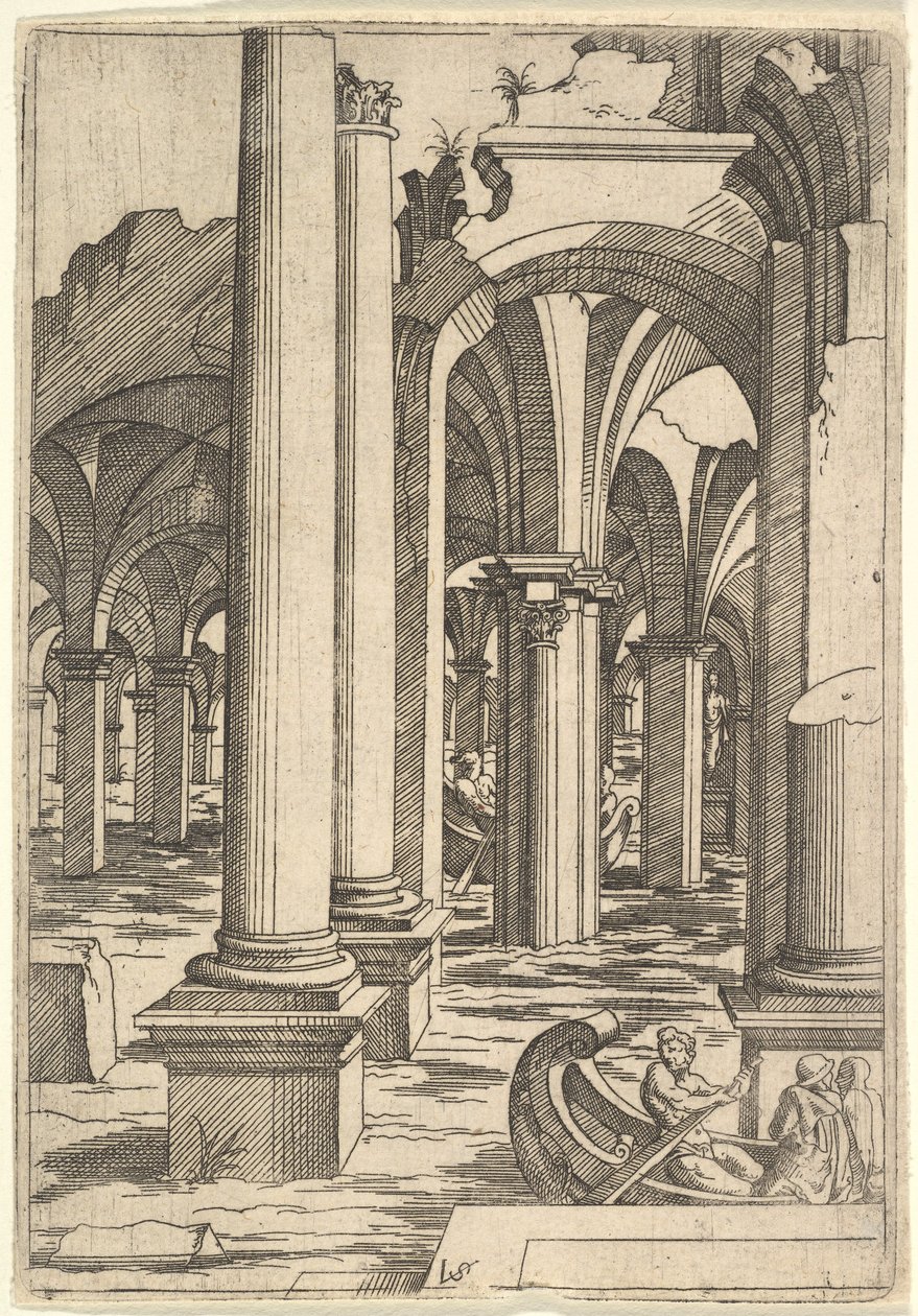 Boote durch überflutete Ruinen gerudert, ca. 1550-62 von Virgil Solis