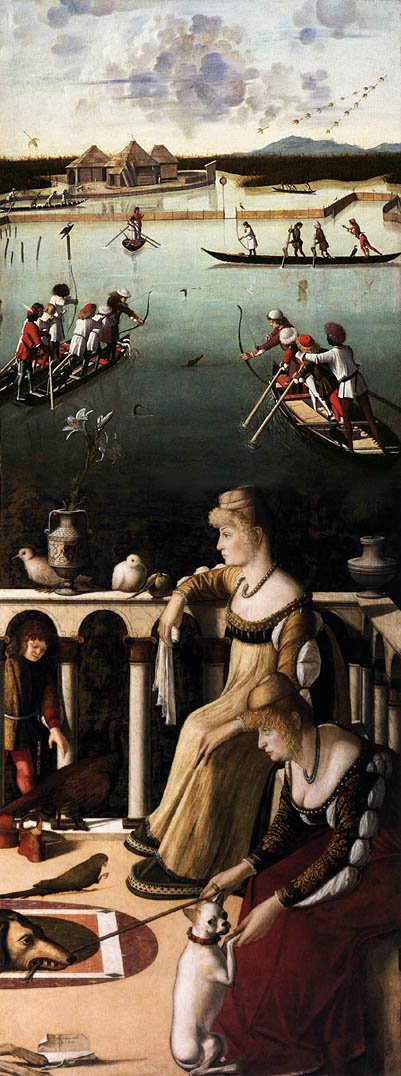 Zwei venezianische Damen und Jagd in der Lagune von Vittore Carpaccio