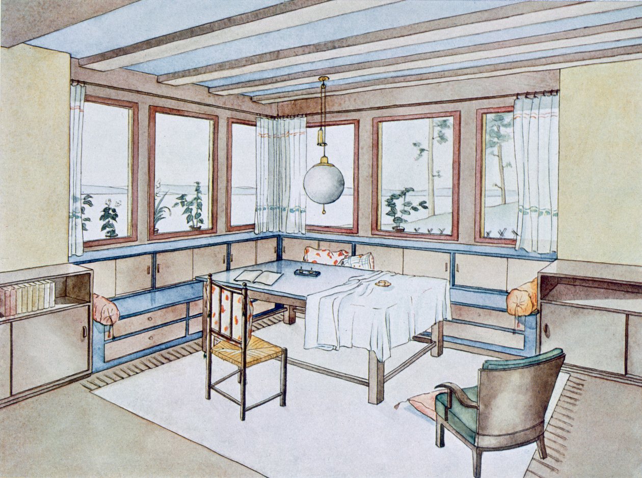 Teil eines Wohnzimmers, aus Moderne Innenräume in Farbe, veröffentlicht von Julius Hoffmann, Stuttgart, 1929 von W. Schneider