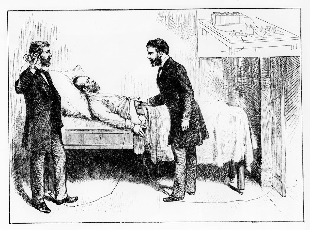 Präsident Garfield (1831-81) liegt mit einer unentdeckten Kugel in ihm, 1881 von W. Shinkle