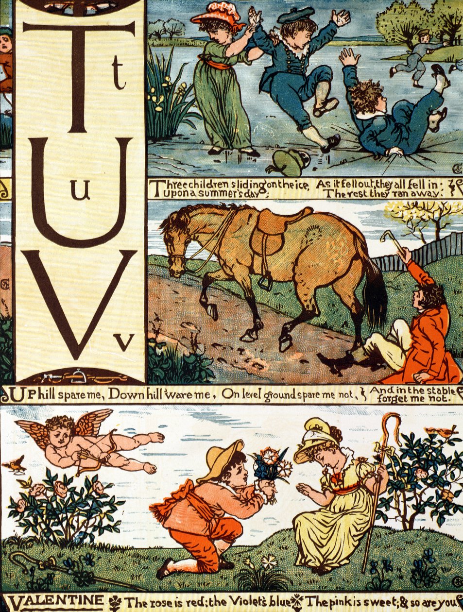 T bis V aus einem Alphabet basierend auf alten Kinderreimen von Walter Crane