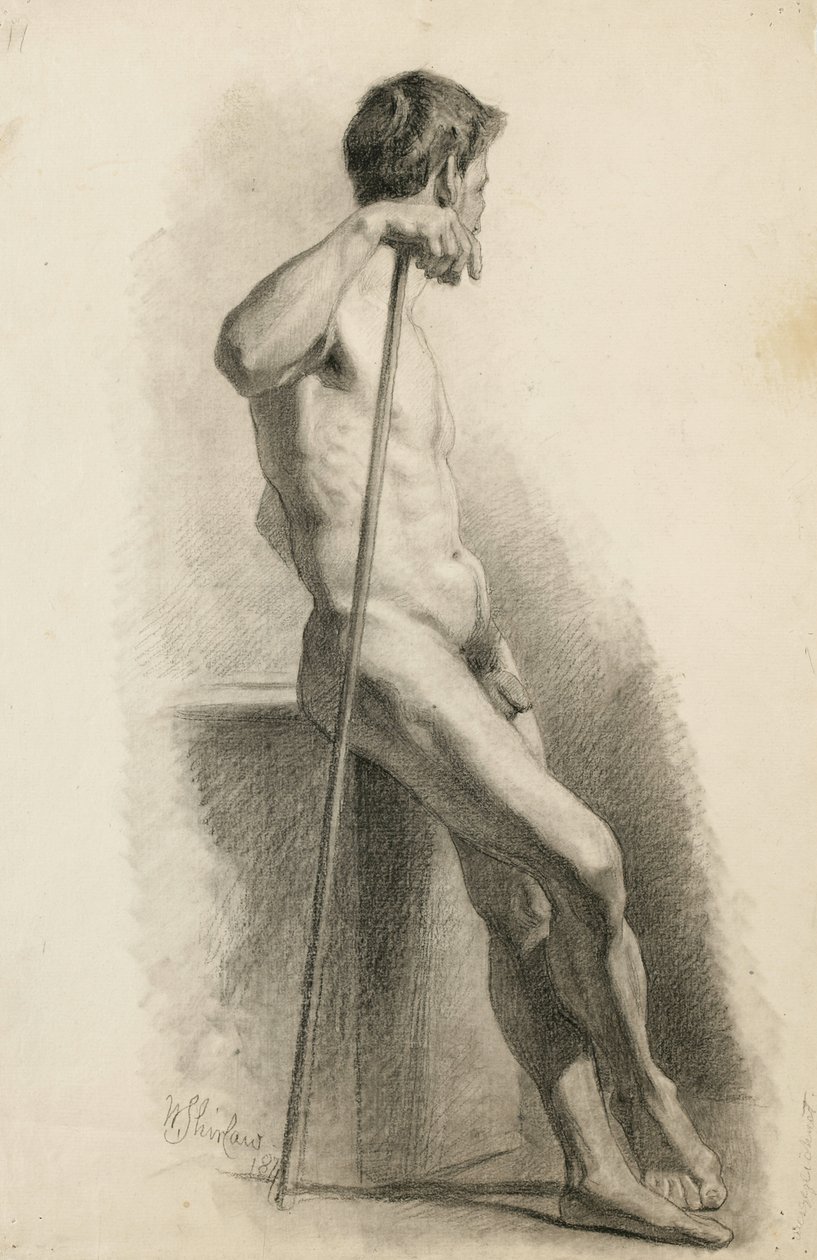 Studie eines männlichen Aktes mit Stab, Seitenansicht, 1871 von Walter Shirlaw