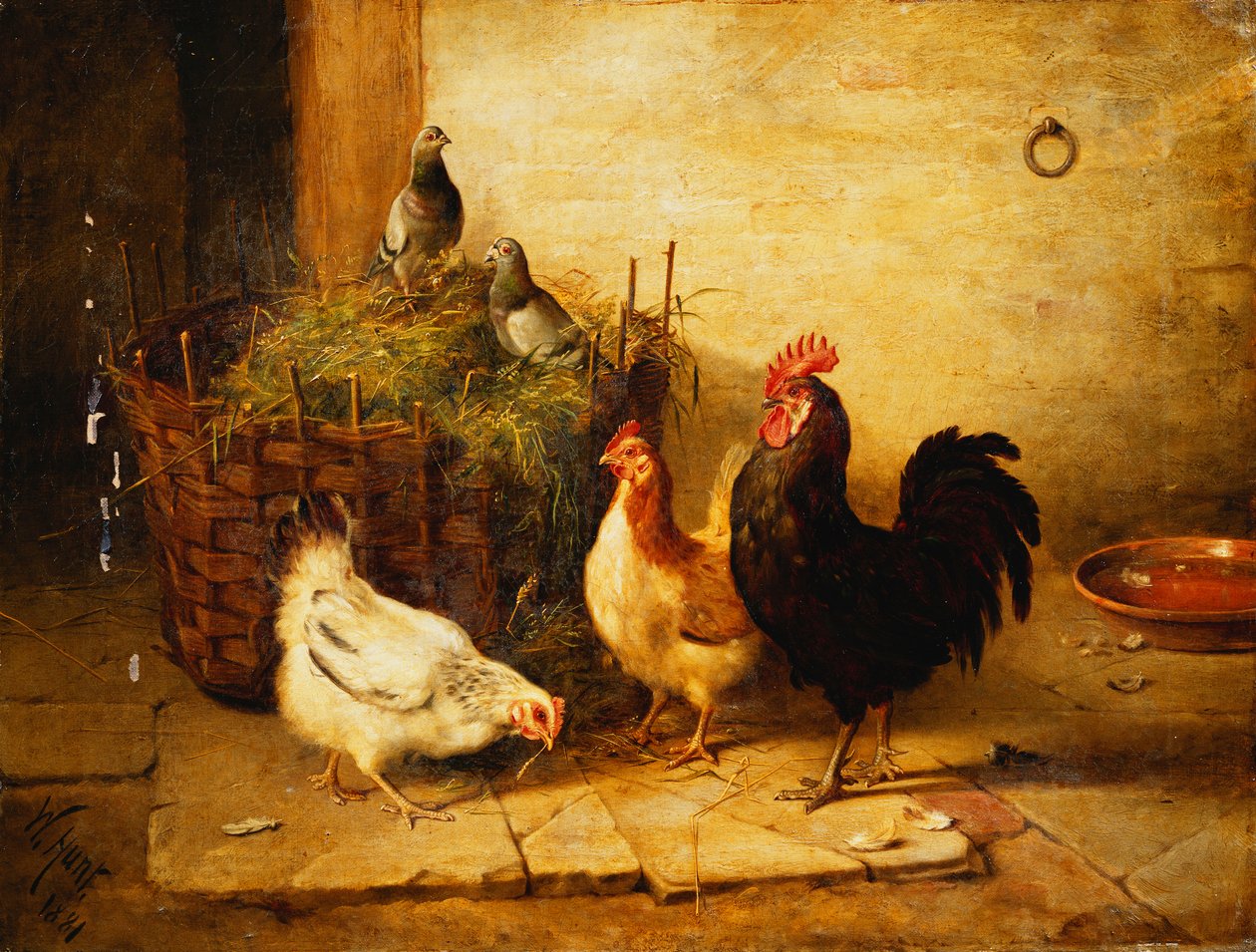 Geflügel und Tauben in einem Innenraum von Walter Hunt