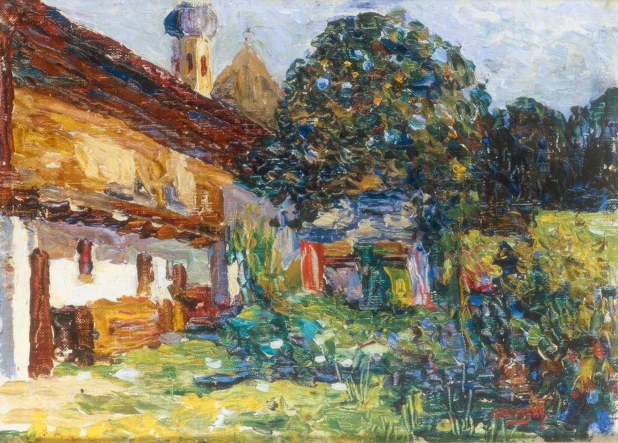 Kochel – Bauernhaus mit Kirche von Wassily Kandinsky