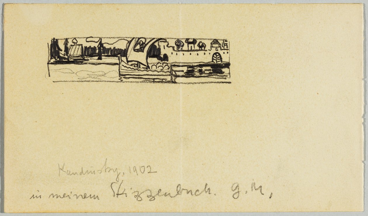 Flusslandschaft mit Boot und ummauerter Stadt von Wassily Kandinsky