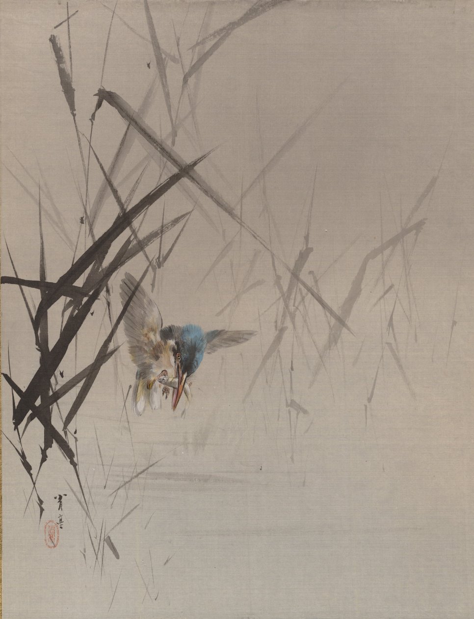 Vogel fängt Fisch unter Schilf, ca. 1887 von Watanabe Seitei