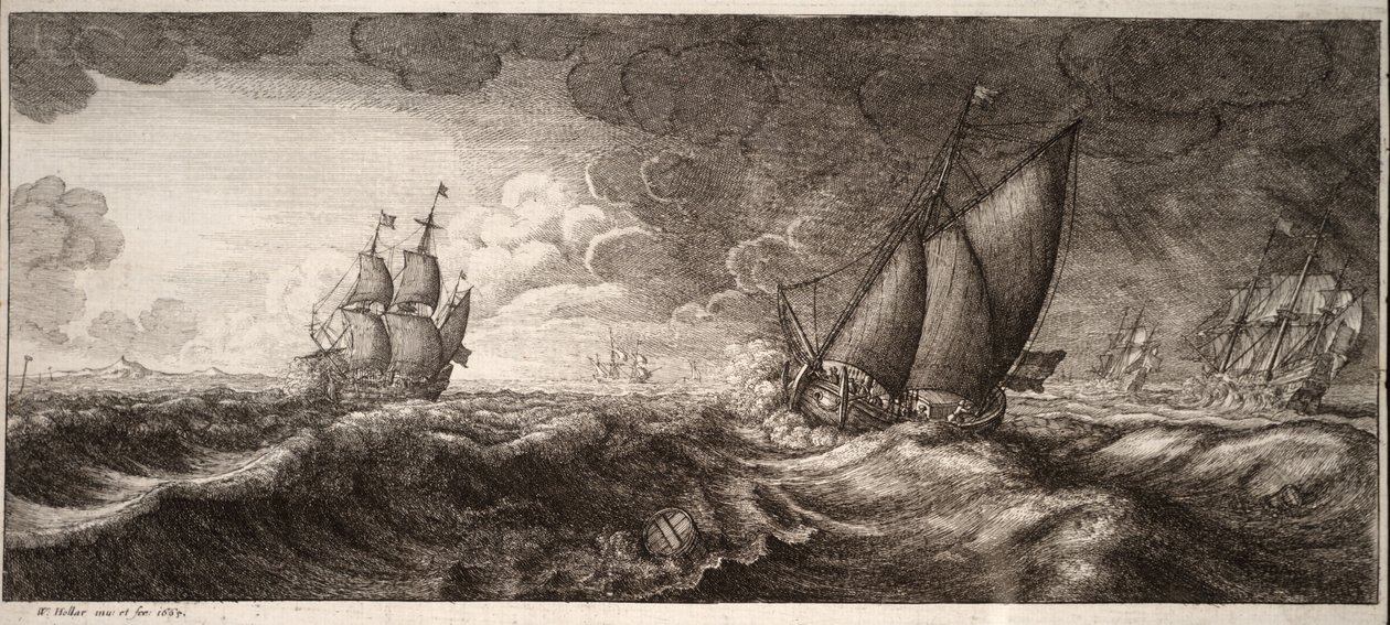 Eine Yacht und drei Kriegsschiffe in einem Sturm. Zustand 1 von Wenceslaus Hollar
