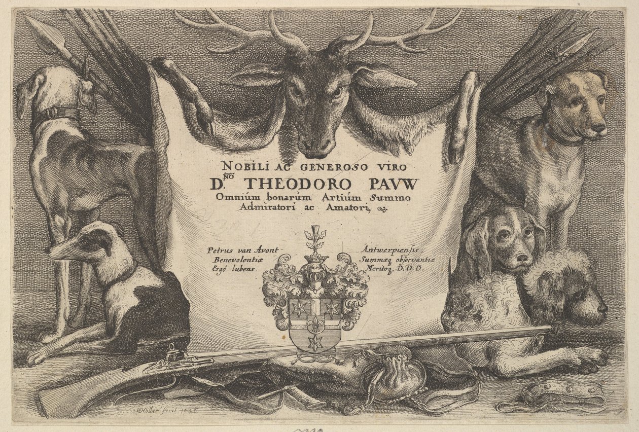 Titelseite mit Hunden und Jagdausrüstung, 1646 von Wenceslaus Hollar