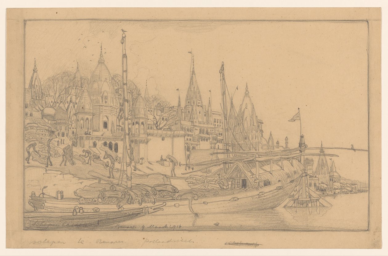 Flussufer mit Schiffen in Benares von Wijnand Otto Jan Nieuwenkamp