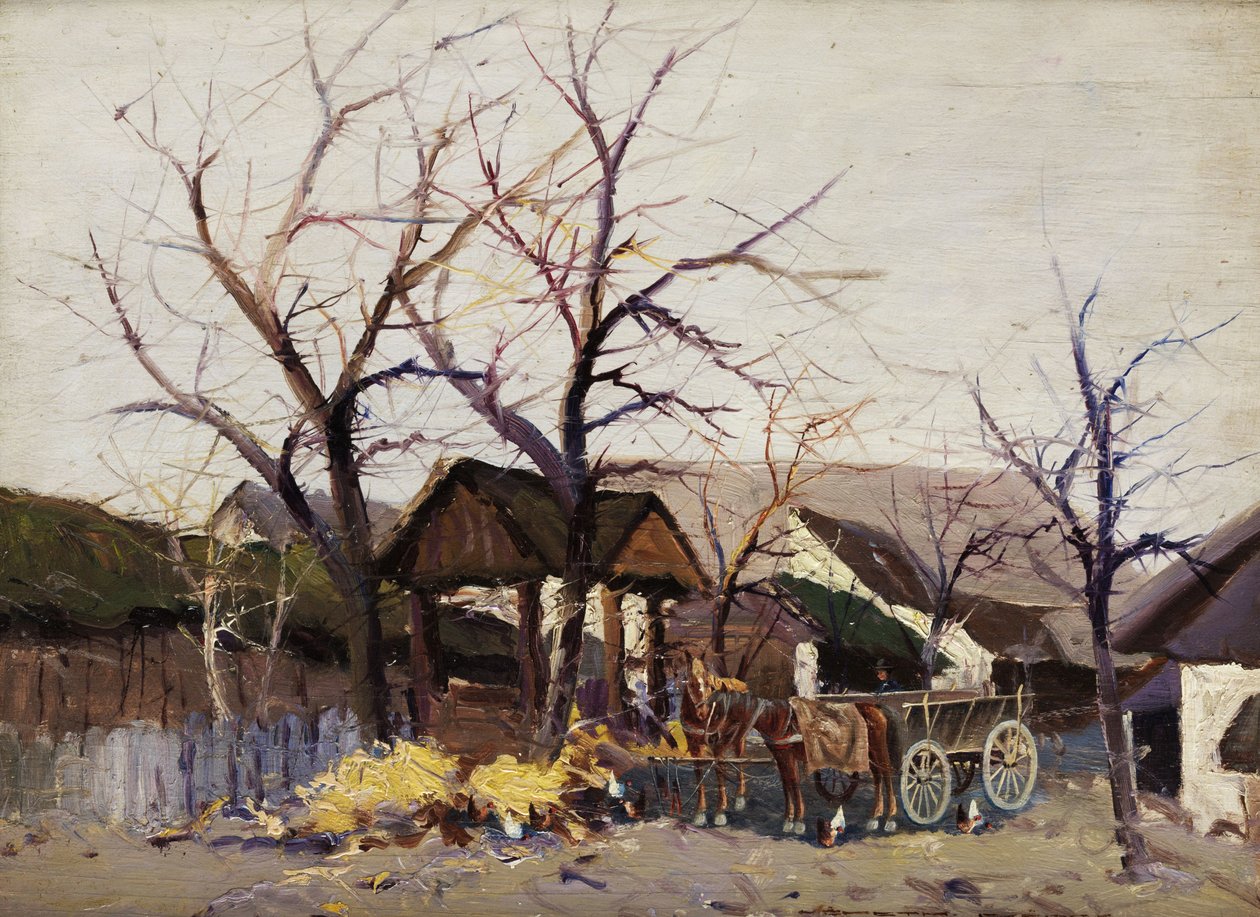 Pferdekarren in einem Bauerndorf unter kahlen Bäumen von Wilhelm Sprenger