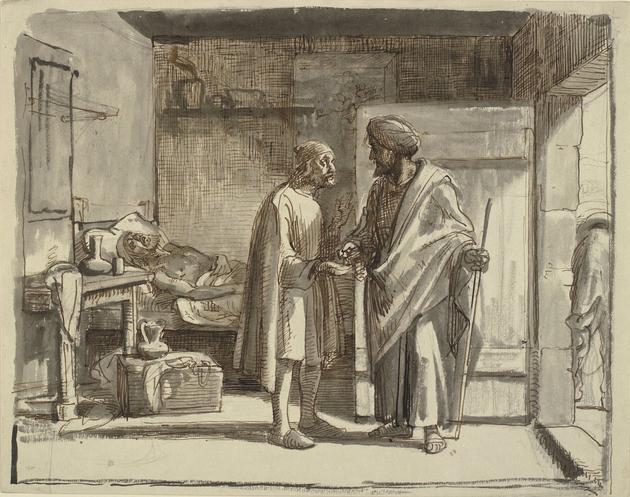 Der barmherzige Samariter bezahlt den Wirt von Wilhelm Marstrand