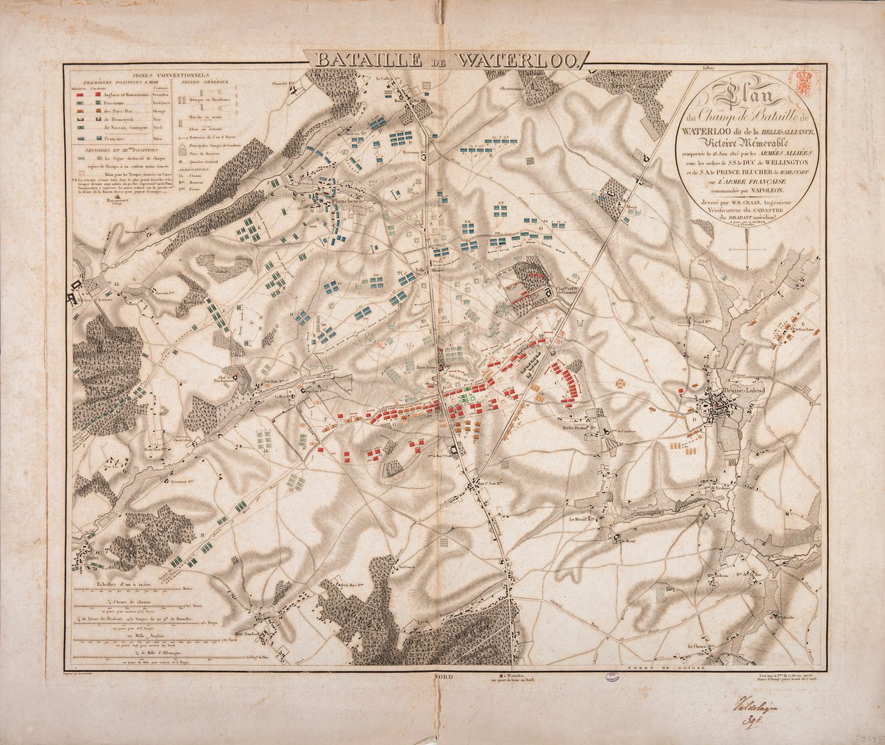 Schlacht von Waterloo, Karte des Schlachtfeldes, graviert von Jacowick, 1816 von Willem Benjamin Craan