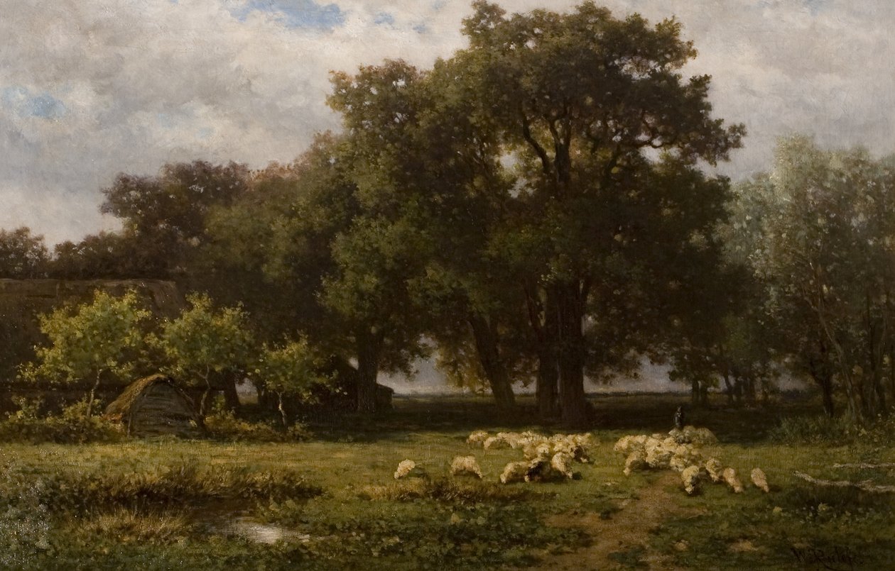 Landschaft mit Schafen und Scheune von Willem Roelofs
