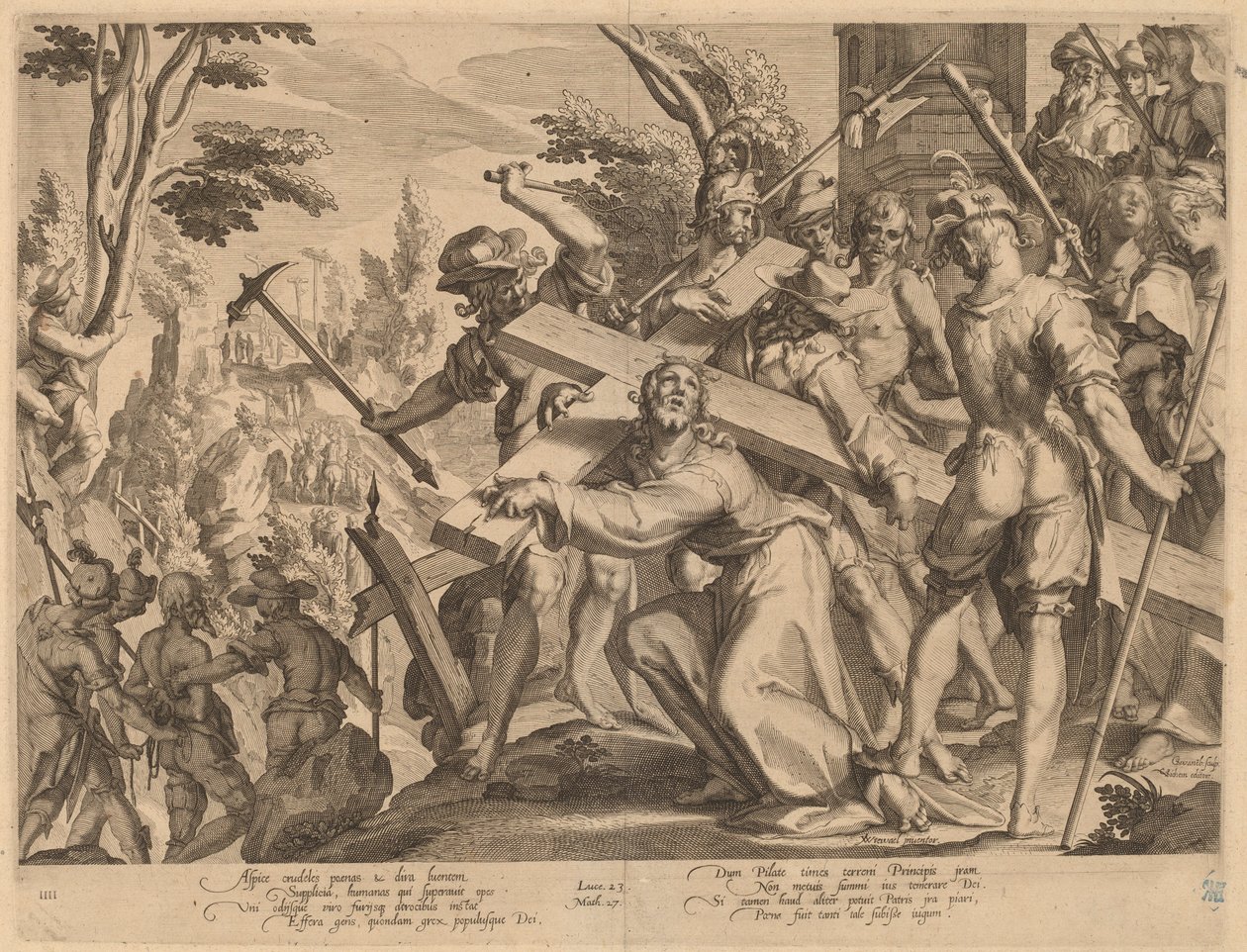 Christus trägt das Kreuz von Willem Swanenburgh, after Joachim Anthonisz Wtewael