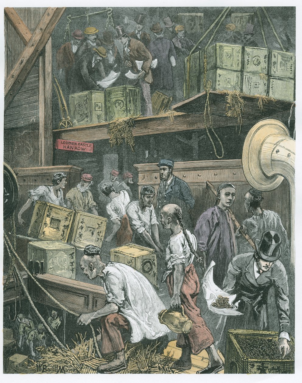 Entladung eines Teeschiffs in den Londoner Docks (spätere Kolorierung) von William Bazett Murray