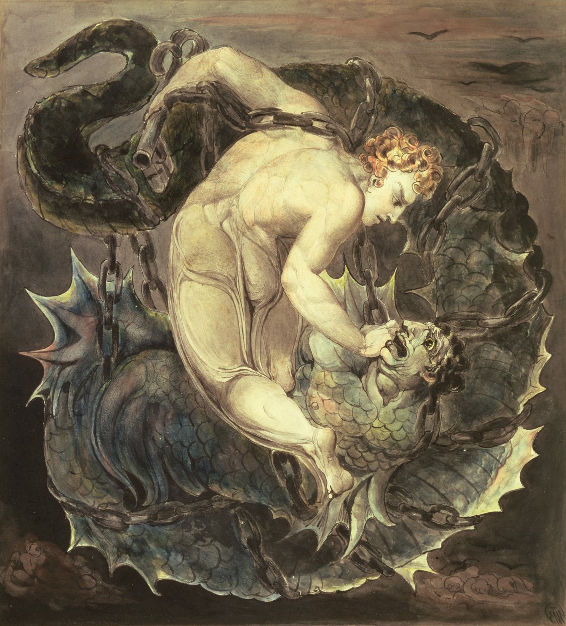 Der Engel Michael bindet Satan (Er warf ihn in den Abgrund und verschloss ihn) um 1805 von William Blake