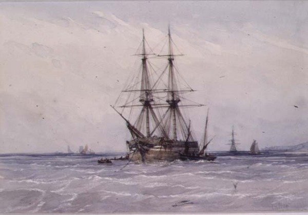 Brigg vor Anker und Boote daneben von William Callow