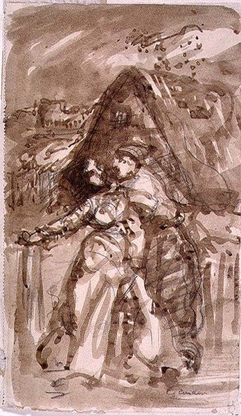 Skizze eines Mannes, der eine Frau am Gartentor umarmt von William Collins
