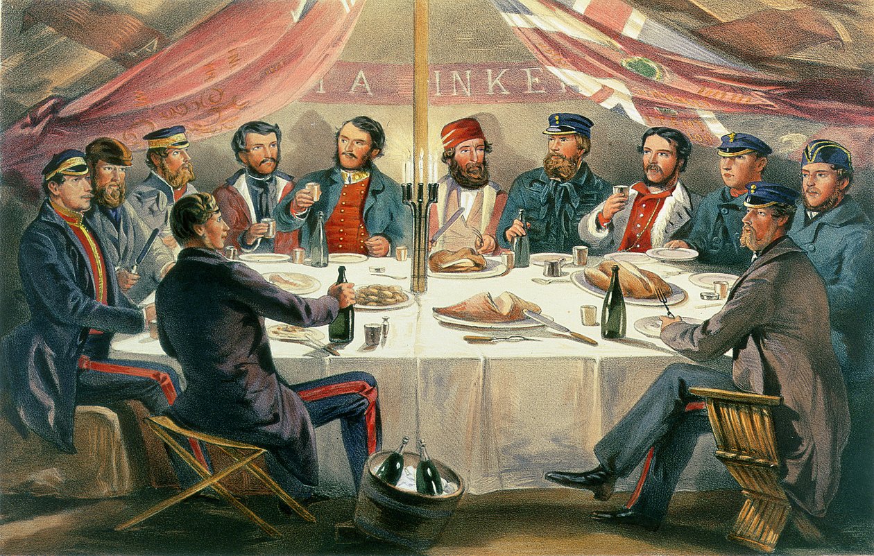 Ein Weihnachtsessen auf den Höhen vor Sewastopol, graviert von J.A. Vinter, veröffentlicht 1855 von William Crimea Simpson
