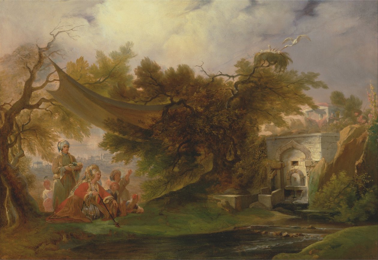 Indische Landschaft mit Figuren an einem Bach von William Daniell