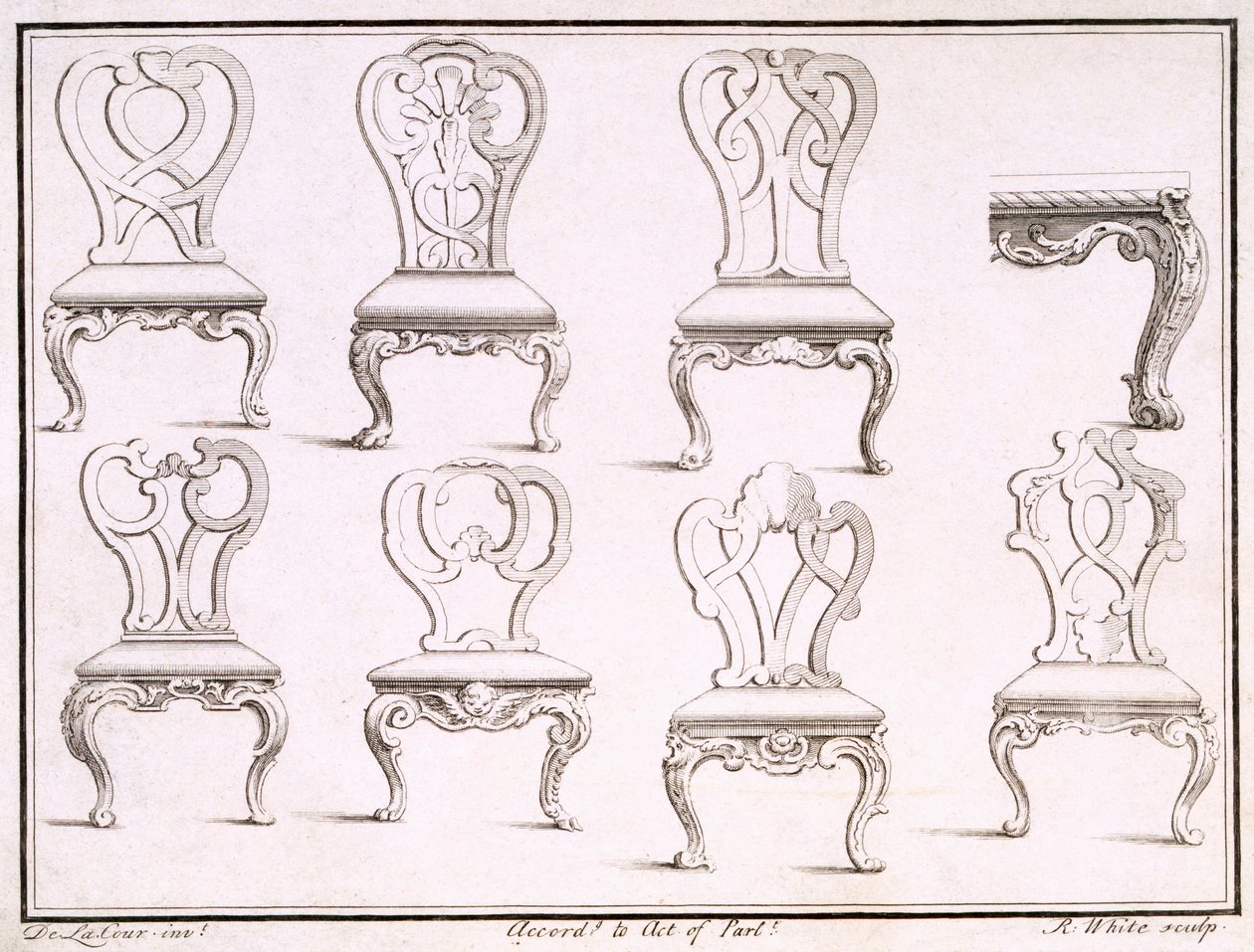 Entwürfe für Stühle von William De La Cour