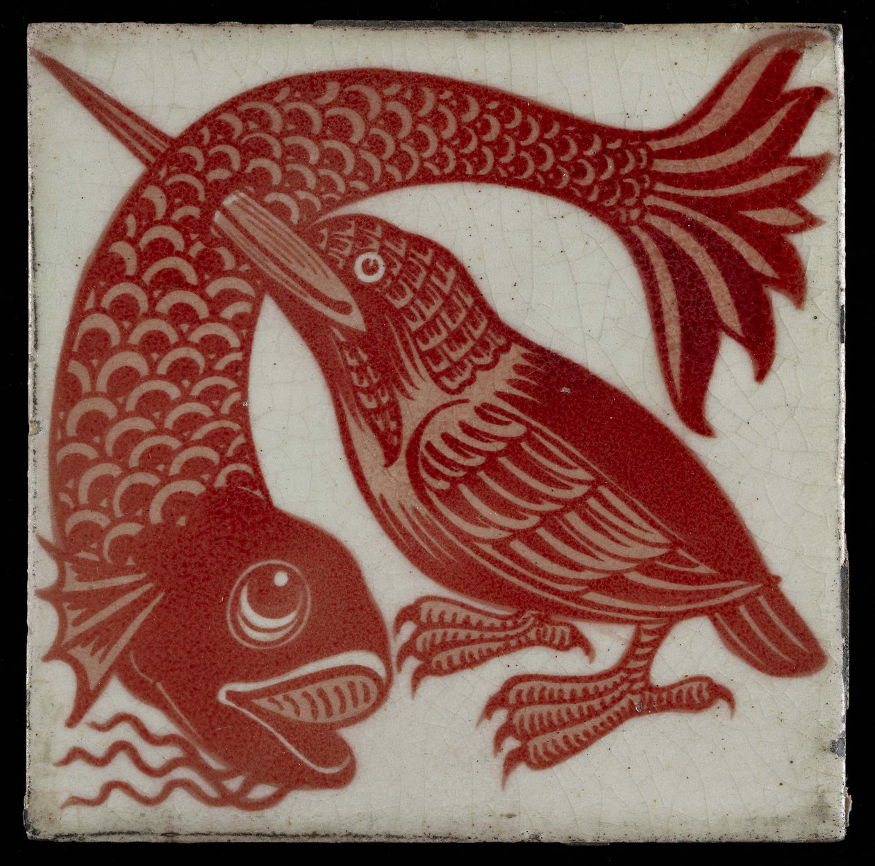 Fliese mit Eisvogel mit Schnabel durch Fisch, 1882-88 von William de Morgan