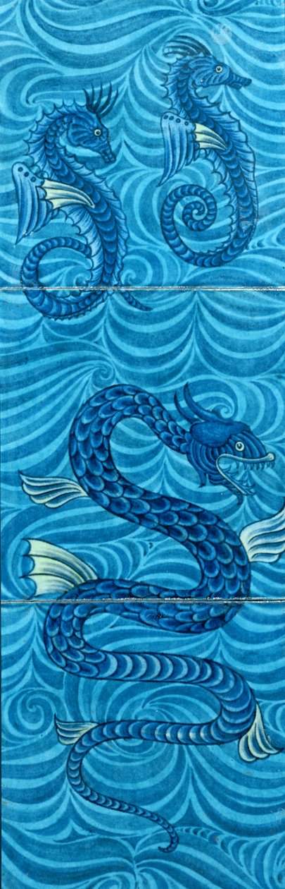 Fliesen mit Seepferdchen und einem Seeungeheuer von William de Morgan