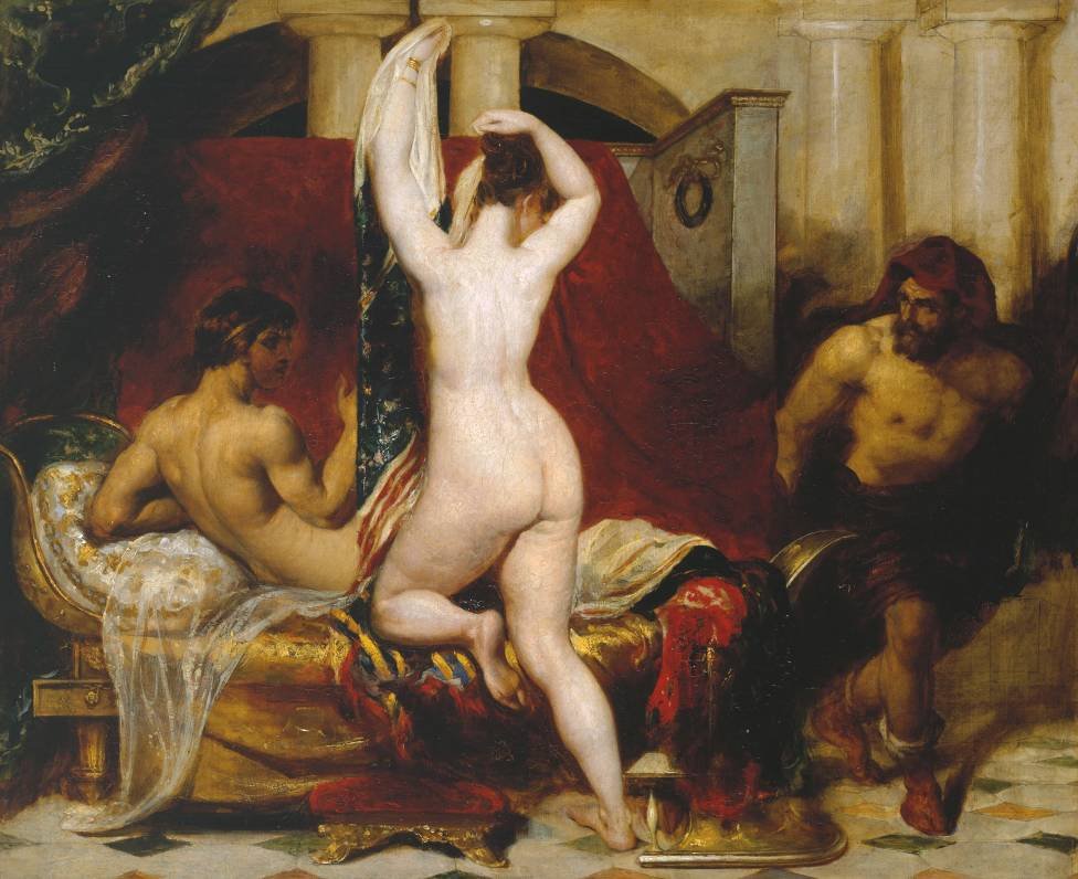 Kandaules, König von Lydien, zeigt seine Frau heimlich Gyges, einem seiner Minister, während sie zu Bett geht. Diese Abbildung illustriert die Version von Herodot der Geschichte von Gyges. von William Etty