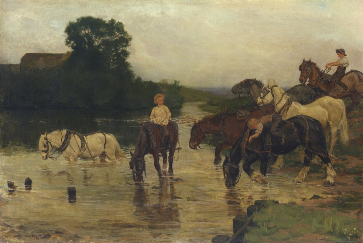 Pferde nach der Arbeit baden, 1884 von William Frank Calderon