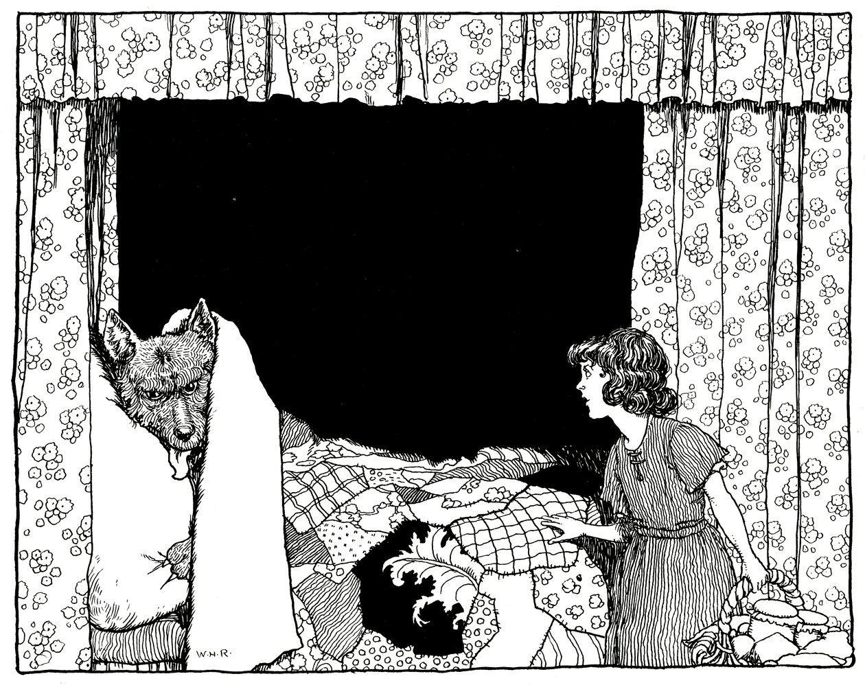 Rotkäppchen ging ans Bett, Illustration aus Alte Geschichten von Charles Perrault, veröffentlicht von Constable & Co Ltd, 1921 von William Heath Robinson