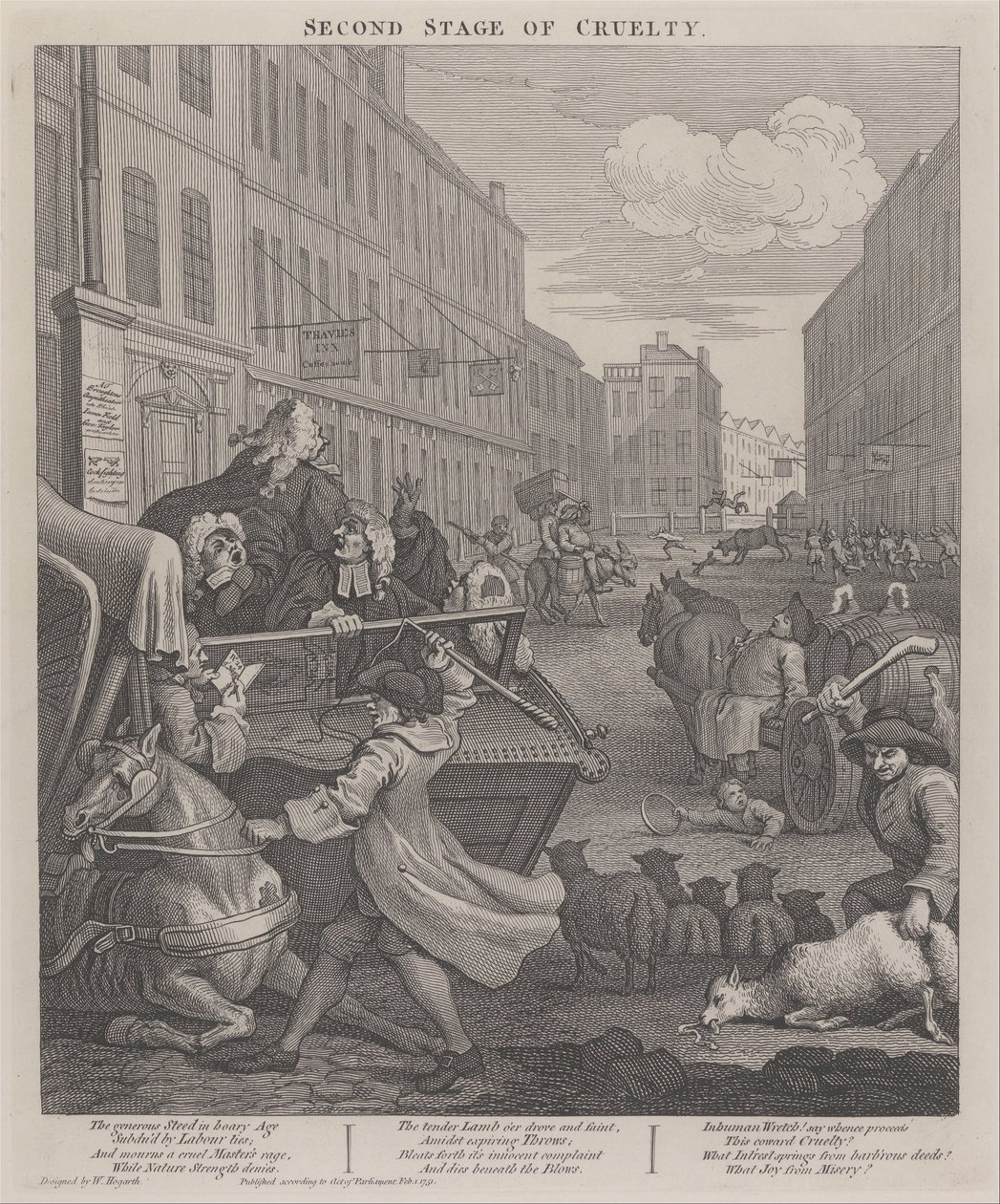 Die zweite Stufe der Grausamkeit - Kutscher schlägt ein gefallenes Pferd von William Hogarth