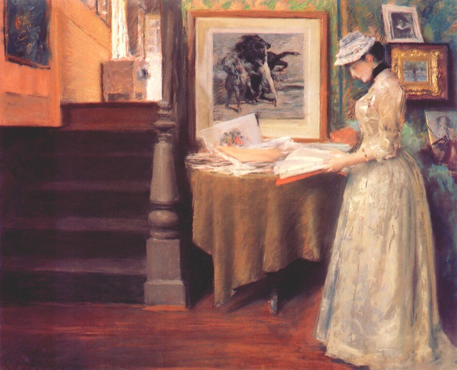 Innenraum, junge Frau an einem Tisch von William Merritt Chase