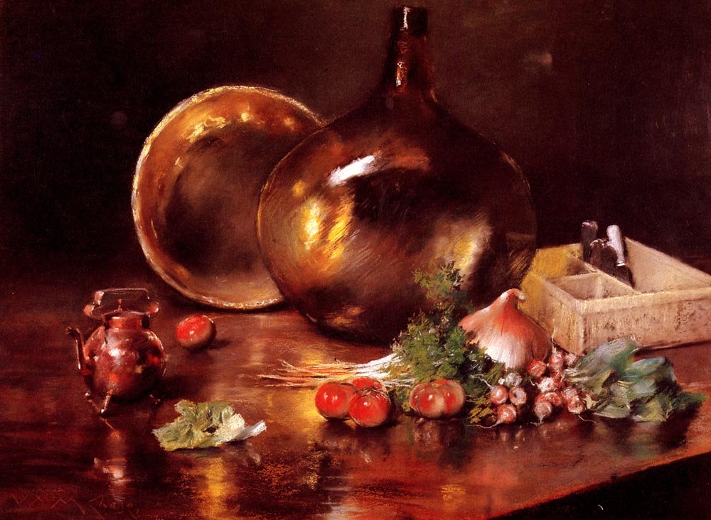 Stillleben mit Messing und Glas von William Merritt Chase