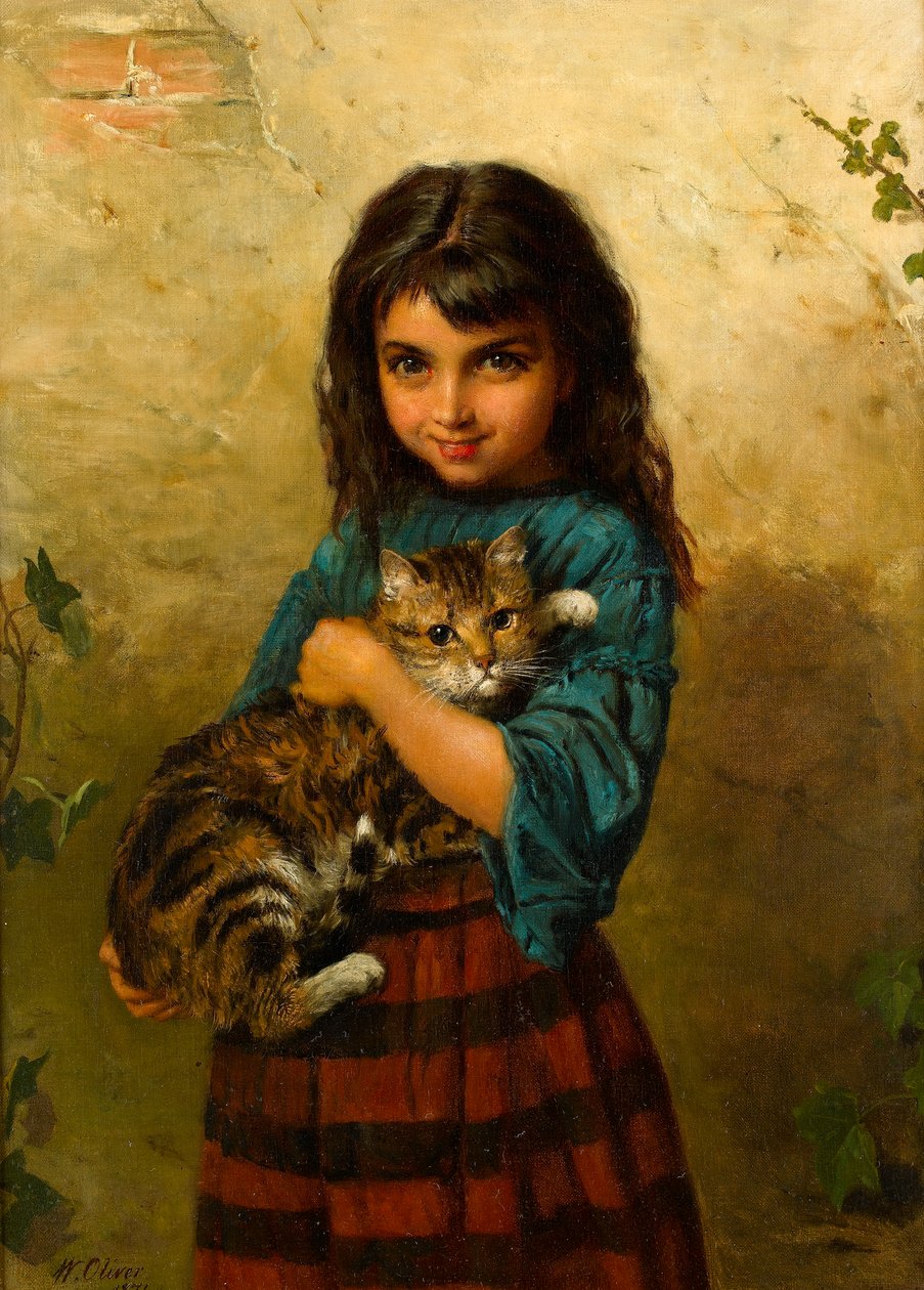 Voller Unfug, ein Mädchen mit ihrer Katze von William Oliver