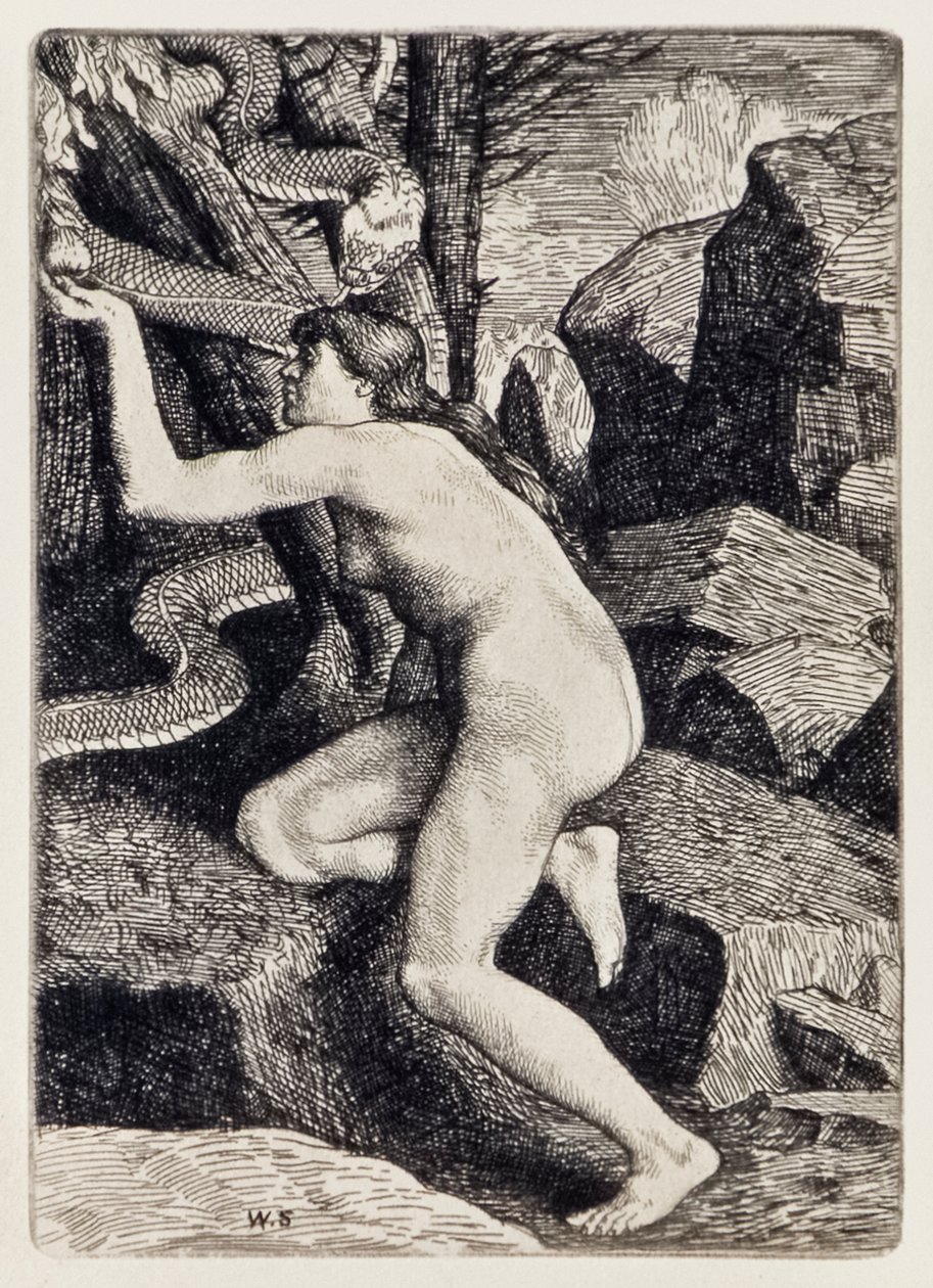 Eva wird von Satan in Form einer Schlange verführt aus Das verlorene Paradies von John Milton, eine Serie von 12 Illustrationen von William Strang von William Strang